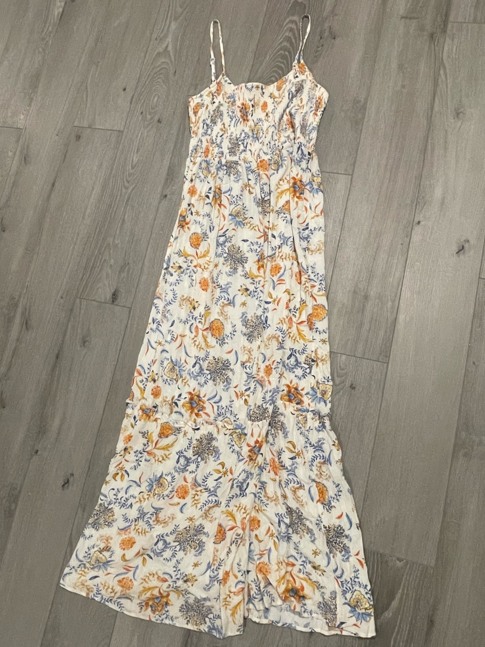 Wild Skye White Floral Maxi Dress Blue Orange Adjustable Spaghetti Straps XXL